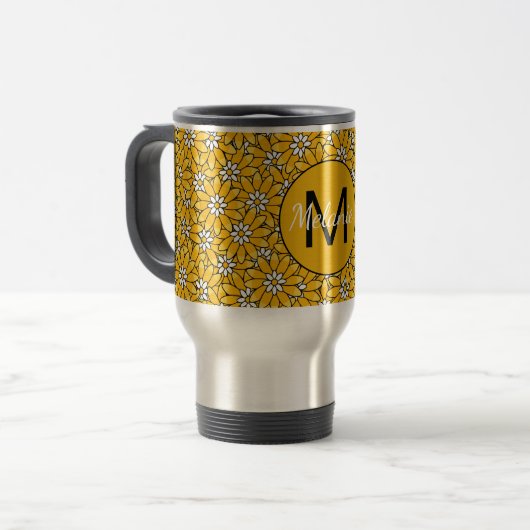 Bright Yellow Floral Pattern Personalised Reisebecher (Vorderseite Links)