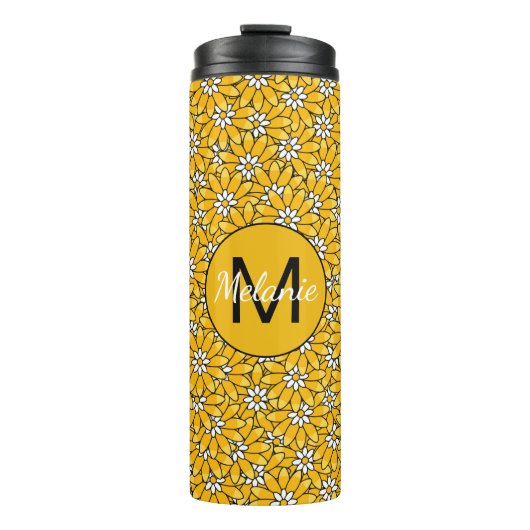 Bright Yellow Floral Pattern Personalised Thermosbecher (Vorderseite)