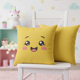 Bright Yellow Kawaii Smiling Face Throw Pillow Kissen