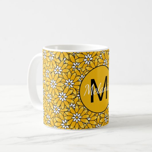 Bright Yellow Overlapping Floral Pattern Kaffeetasse (Vorderseite Links)