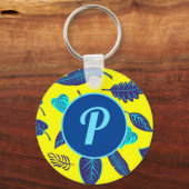 Bright Yellow Tropical Leaf Pattern Monogram Schlüsselanhänger (Vorderseite)
