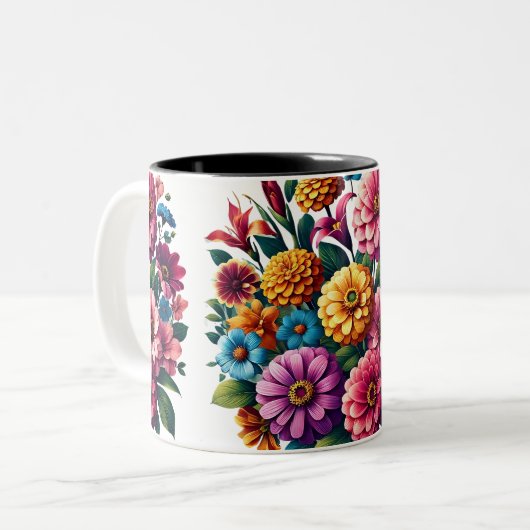 Bright Zinnias & Cosmos Blumengarten Zweifarbige Tasse (Vorderseite Links)