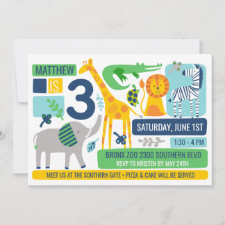 Bright Zoo Jungle Animals Birthday Invitation Einladung