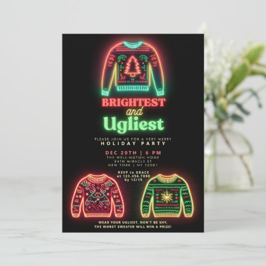 Brightest & Ugliest Ugly Sweater Christmas Party Einladung (Stehend Vorderseite)