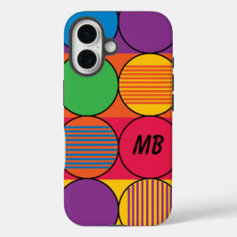 Brightly Colored Circles and Stripes and Initials iPhone 16 Hülle