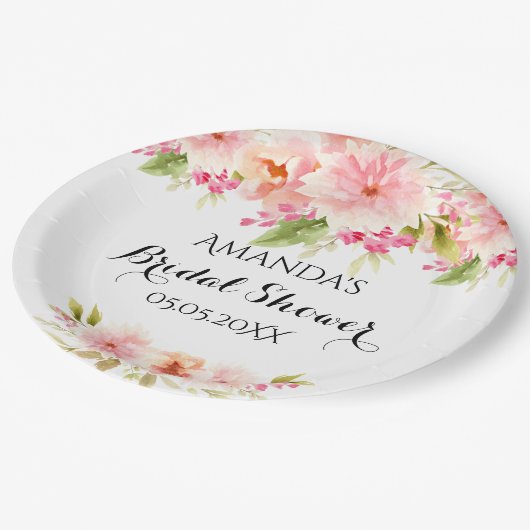 Briidal Dusche Rosa Blumengestelle weiß Name Pappteller (Schrägansicht)