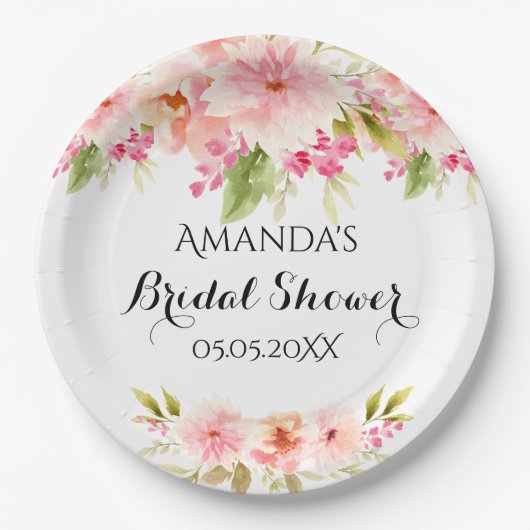 Briidal Dusche Rosa Blumengestelle weiß Name Pappteller (Vorderseite)