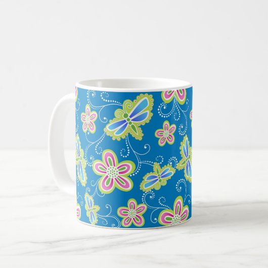 Brillant Blumen, Libellen und Wirbel auf Blau Kaffeetasse (Vorderseite Links)