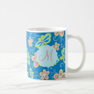 Brillant Blumen, Libellen und Wirbel auf Blau Kaffeetasse