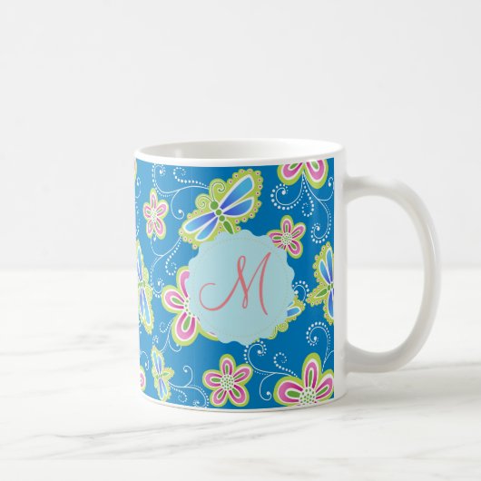 Brillant Blumen, Libellen und Wirbel auf Blau Kaffeetasse (Rechts)