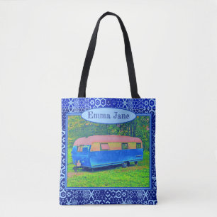 Brillanter blauer Vintage-Camper-Anhänger Tasche