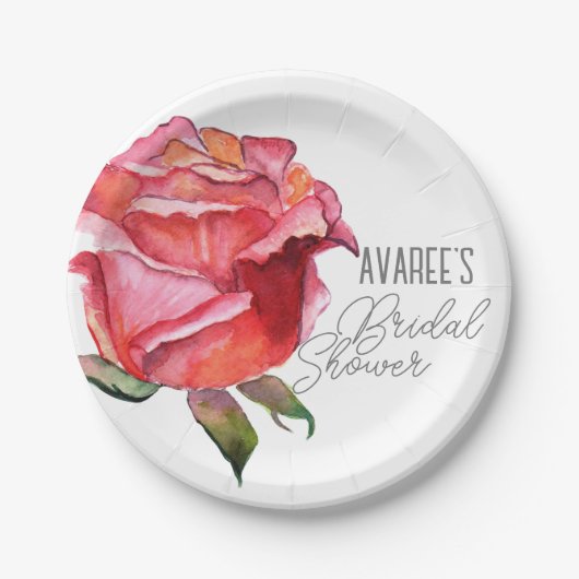 Brillantes Red Watercolor Rose Brautparty Pappteller (Vorderseite)
