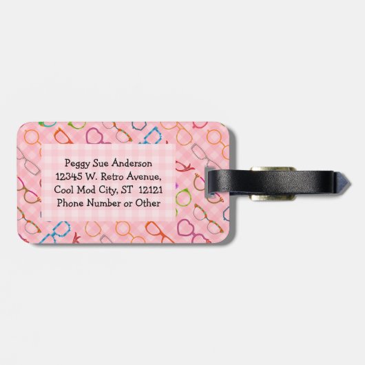 Brillen-Retro moderner Hipster mit rosa Gingham Gepäckanhänger (Rückseite horizontal)
