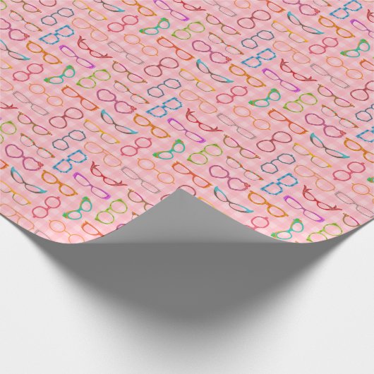 Brillen-Retro moderner Hipster mit rosa Gingham Geschenkpapier (Ecke)