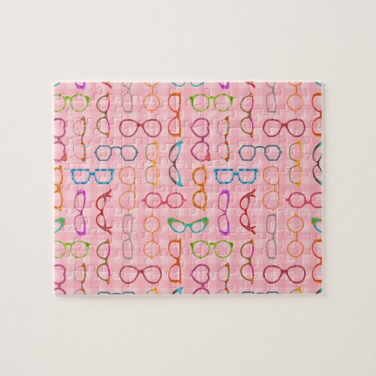 Brillen-Retro moderner Hipster mit rosa Gingham Puzzle (Horizontal)