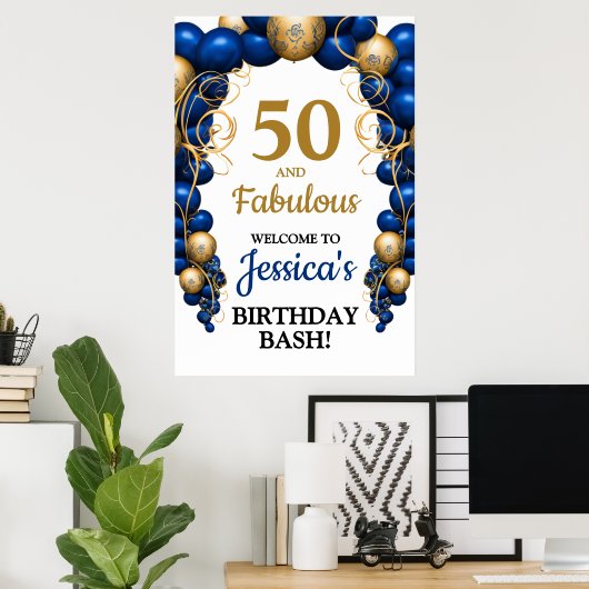 Brillenblaue und flache Gold Geburtstagsparty Poster (Heimbüro)