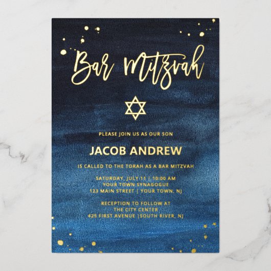 Brilliant Blau und Gold Bar Mitzvah Folieneinladung (Vorderseite)
