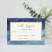 Brilliant Blau und Gold Bar Mitzvah oder Bat Mitzv RSVP Karte (Stehend Vorderseite)