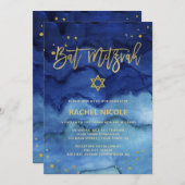 Brilliant Blau und Imitate Gold Bat Mitzvah Einladung (Vorne/Hinten)