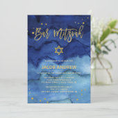 Brilliant Blau und Imitats Gold Bar Mitzvah Einladung (Stehend Vorderseite)