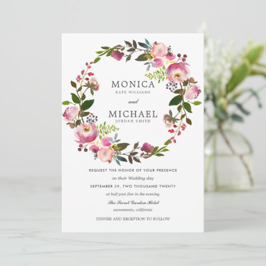 Brilliant Bloom | Elegante Hochzeit von Blumenkran Einladung (Stehend Vorderseite)