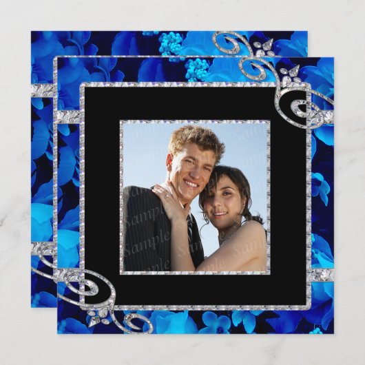 Brilliant Blue Rose & Diamond Wirbel Hochzeit Einladung (Vorne/Hinten)