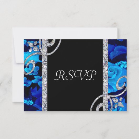 Brilliant Blue Rose & Diamond Wirbel Hochzeit RSVP Karte (Vorderseite)