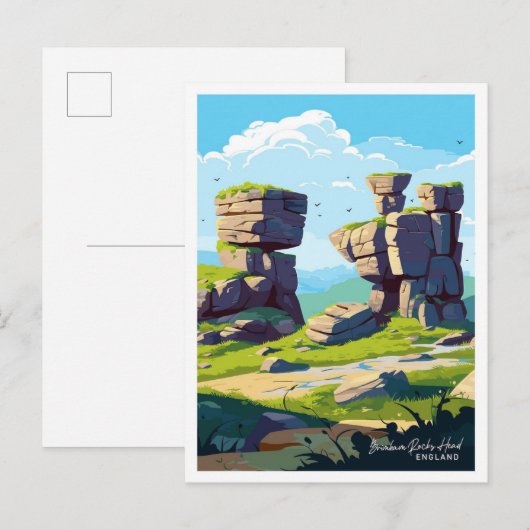 Brimham Rocks Head Vintag Illustration in England Postkarte (Vorne/Hinten)
