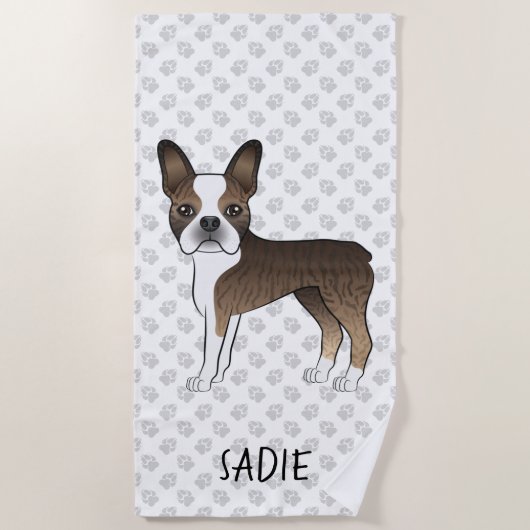 Brindle Boston Terrier Cartoon Dog & Custom Text Strandtuch (Vorderseite)