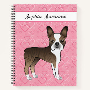 Brindle Boston Terrier Dog auf rosa Herzen und Tex Notizblock