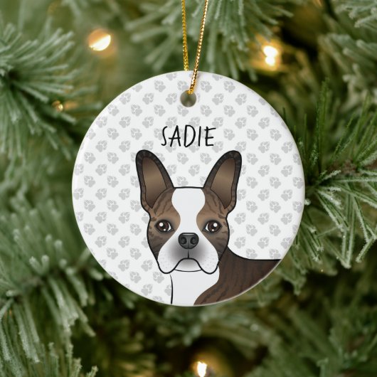 Brindle Boston Terrier Dog Head & Individuelle Nam Keramik Ornament (Baum)