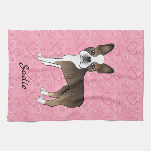 Brindle Boston Terrier Hund auf rosa Herzen und Na Geschirrtuch (Horizontal)