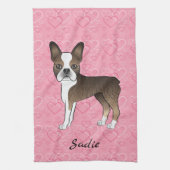 Brindle Boston Terrier Hund auf rosa Herzen und Na Geschirrtuch (Vertikal)
