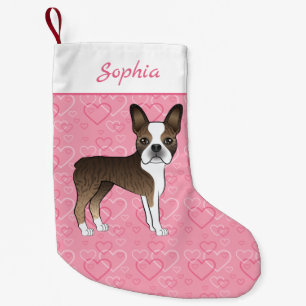 Brindle Boston Terrier Hund auf rosa Herzen und Na Kleiner Weihnachtsstrumpf