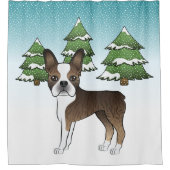 Brindle Boston Terrier in einem Winterwald Duschvorhang (Vorderseite)