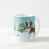 Brindle Boston Terrier in einem Winterwald & Name Kaffeetasse (VorderseiteRechts)