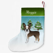 Brindle Boston Terrier in einem Winterwald & Name Kleiner Weihnachtsstrumpf (Rückseite)