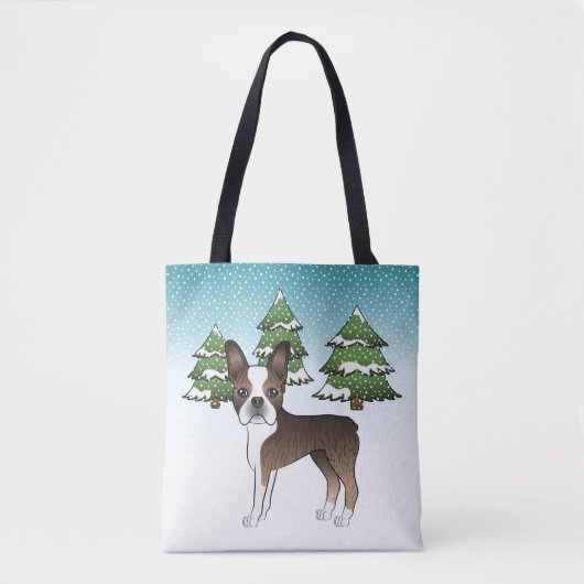 Brindle Boston Terrier in einem Winterwald Tasche (Vorderseite)