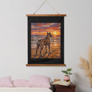 Brindle Boxer bei Sonnenuntergang Strand Boxer Hun Wandteppich Mit Holzrahmen