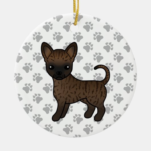 Brindle Smooth Coat Chihuahua Cartoon Dog & Paws Keramik Ornament (Vorne)