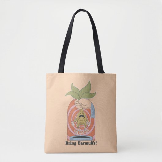 "Bring Ohrenschützer!" Grafik mit schreiender Alra Tasche (Vorderseite)