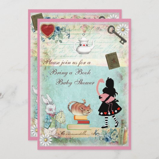 Bringen Sie ein Buch Alice & Pink Flamingo Baby Du Einladung (Vorne/Hinten)