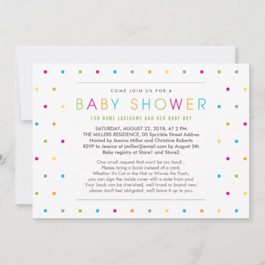 Bringen Sie eine Buchfarbe Dots Clean Baby Dusche Einladung (Vorderseite)