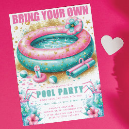 Bringen Sie Ihr eigenes Pool Party Pink Türkis Gli Einladung