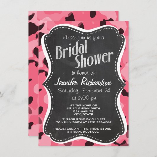 Brink Pink Camouflage; Camouflage; Retro Chalkboar Einladung (Vorne/Hinten)