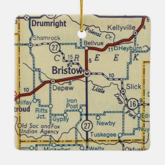 Bristow Oklahoma Retro Map Keramikornament (Rückseite)