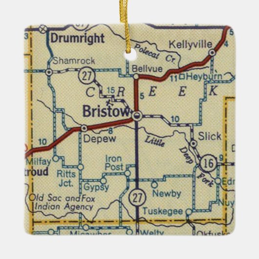 Bristow Oklahoma Retro Map Keramikornament (Vorderseite)