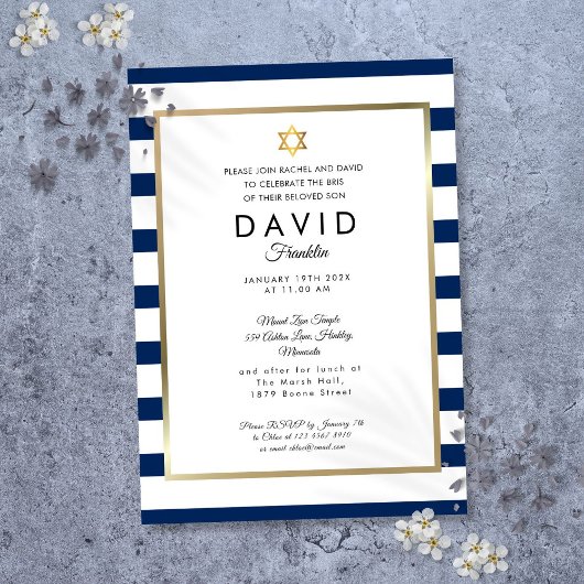 Brit Milah Navy Blue White Stripe Gold Einladung