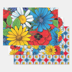 Brite Floral Wrapping Paper Flat Sheet Set 3 Geschenkpapier Set