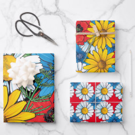 Brite Floral Wrapping Paper Flat Sheet Set 3 Geschenkpapier Set